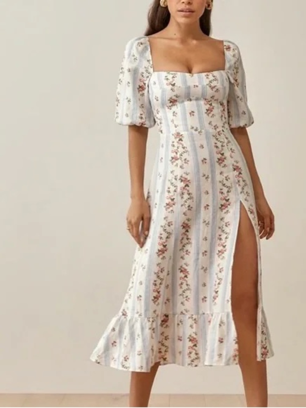 Reformation Light Blue and White Floral Stripe Midi Dress